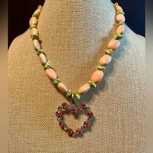 Stone Beaded Necklace with Rhinestone Heart Pendant